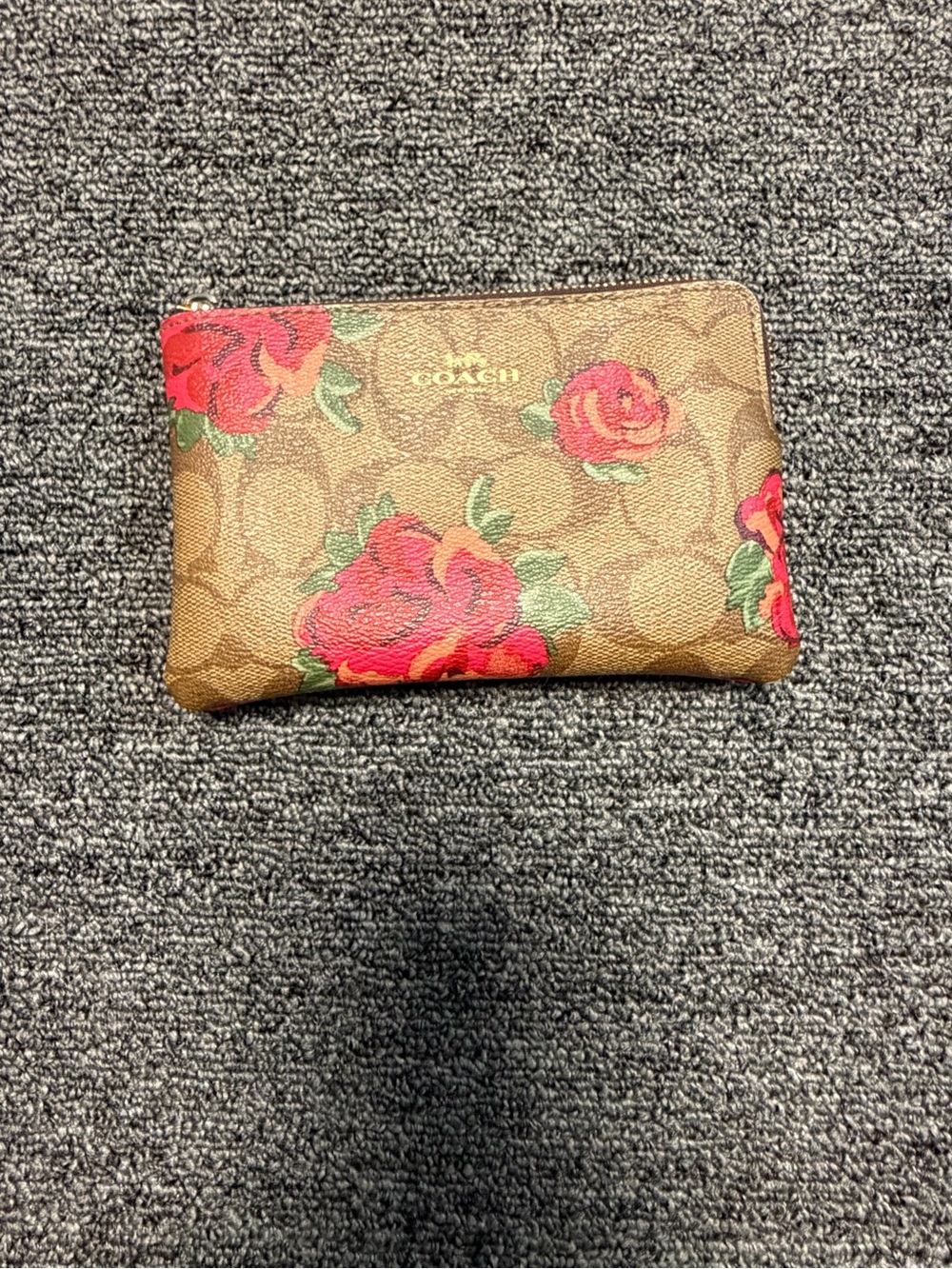 Coach Brown Signature Floral Zip Pouch with Red Roses